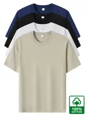 4pcs Men's Premium Cotton T-Shirts - Casual Summer Short Sleeve, 100% Pure Cotton, Machine Washable, Crew Neck in Assorted Colors (Navy, Beige, Gray, Black) with Geometric Pattern details 10