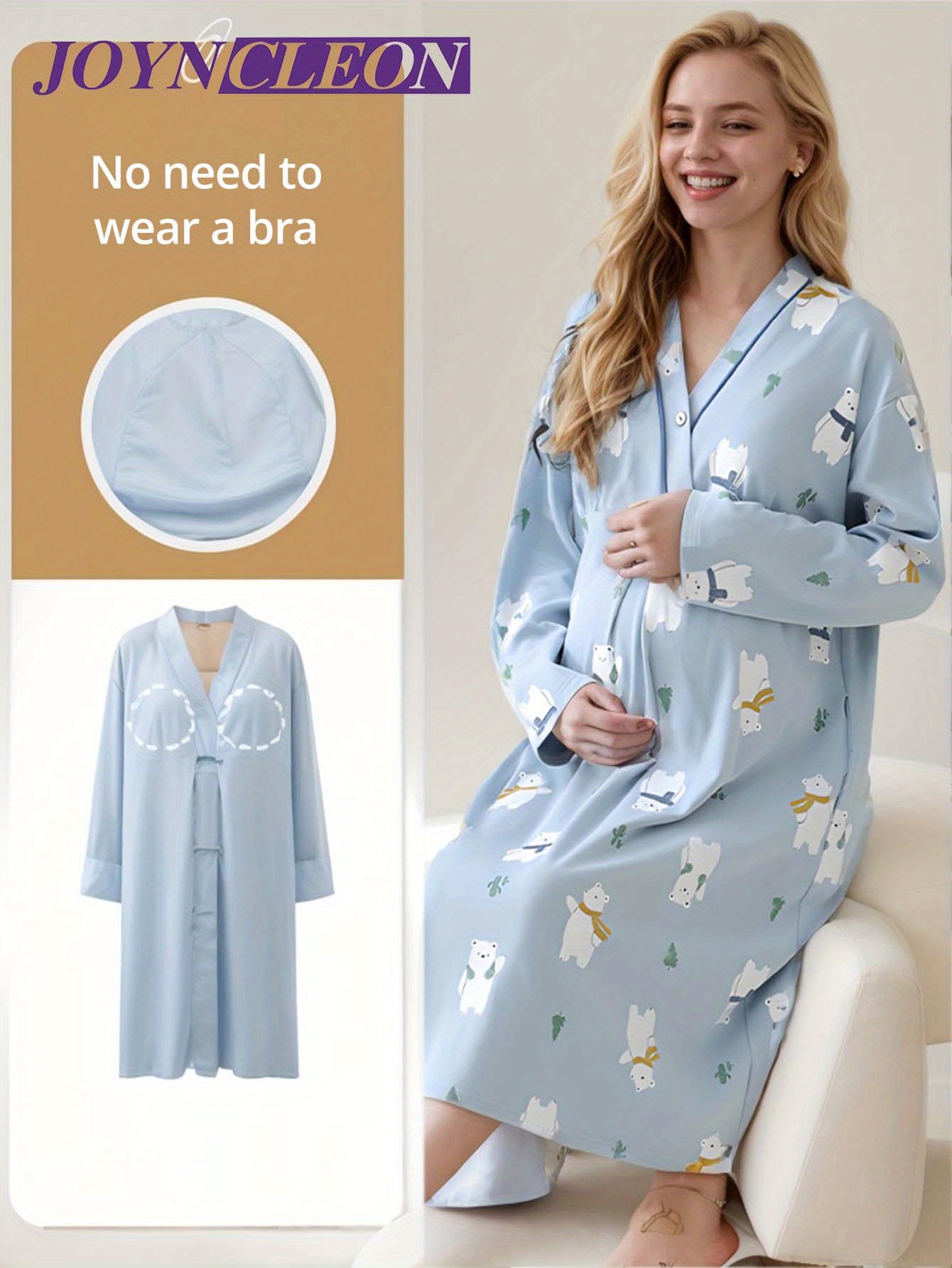 maternity nightgown with breast pad soft v neck long sleeve maternity dress for pregnancy postpartum breastfeeding cute animal cloud print loose   season   maternity clothes  able pregnancy wear   maternity design medium   fabric Product details 0