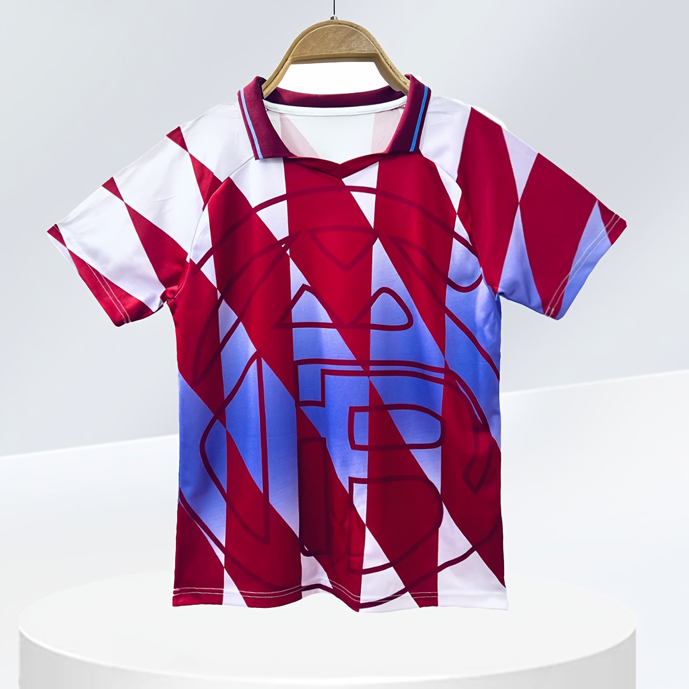 br new arrival mens football jersey breathable stretchy short sleeve v neck red white checkered pattern with blue accents   soccer training casual outdoor activities soccer gear checkered pattern   soccer jersey